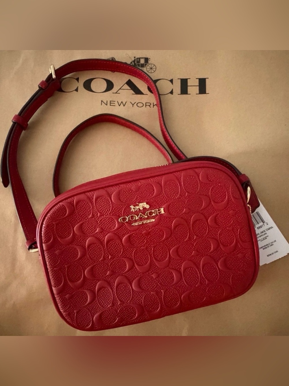 Coach MINI CAMERA BAG IN SIGNATURE LEATHER - Cherry NWT